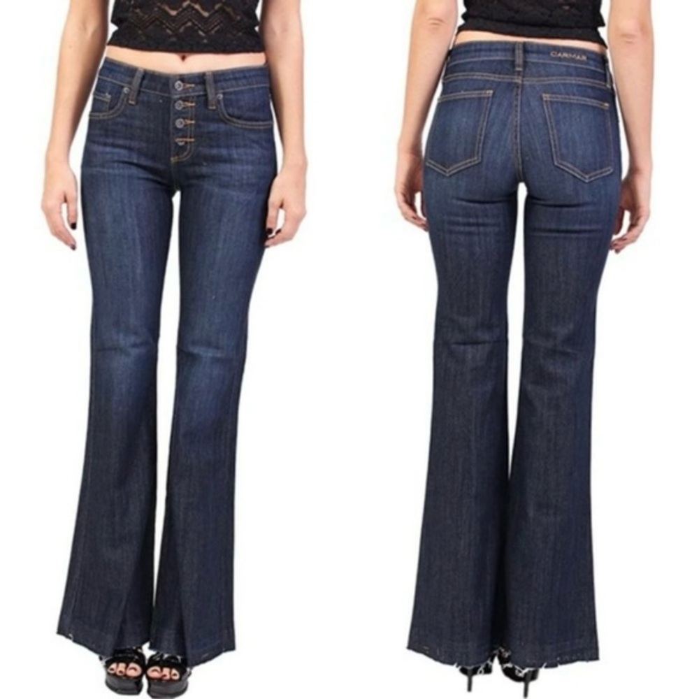Carmar Flare Jordan Stretch Mid Rise Dark Wash Button‎ Down Jeans Size 25